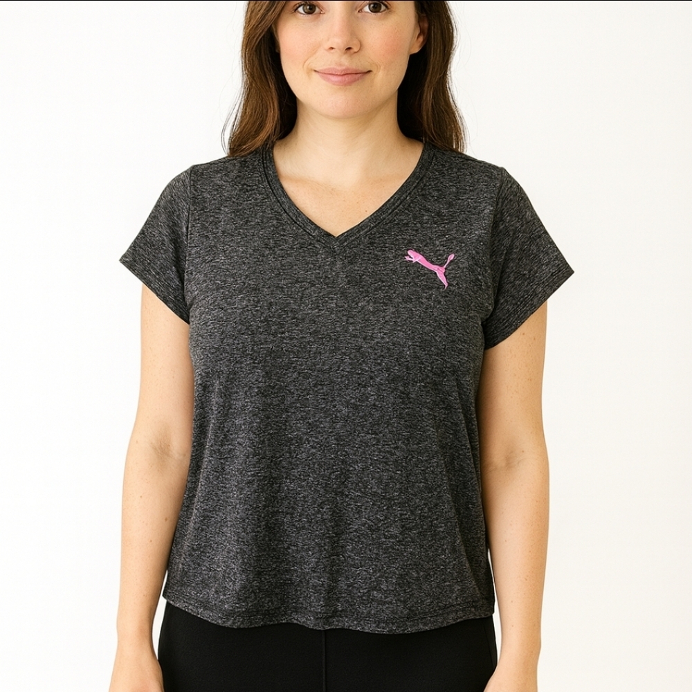 Puma Women's Gray Athletic Dri-fit Vneck Logo Tee Sz Sm